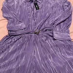 Fashion Nova Shimmery Lavender Pleated Long-Sleeve Shirt Dress with Belt